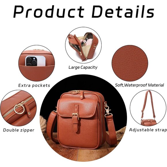 Leather Crossbody Bag Women Vintage Large Capacity Anti-Theft Zipper - Picture 4 of 6